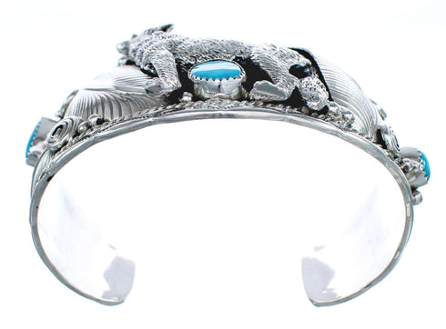 Navajo Sterling Silver Turquoise Wolf Leaf Cuff Bracelet AX123791